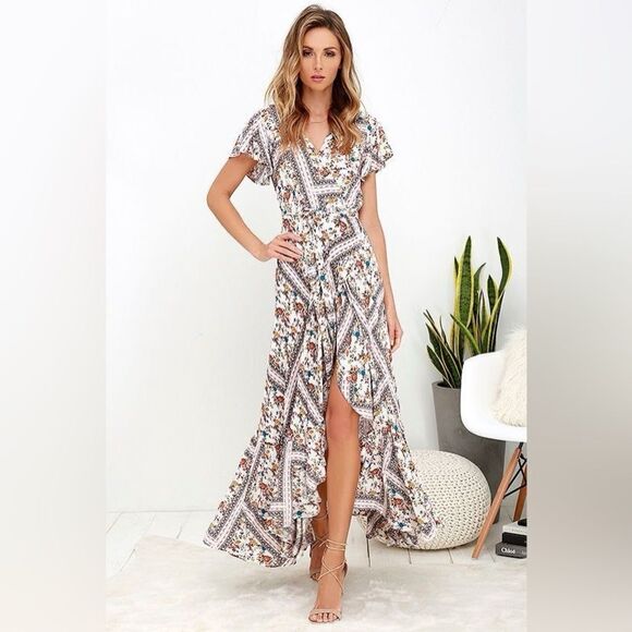 Lulus Playing Fleur Keeps Ivory Floral Bohemian Print Wrap Maxi Dress Sz. Small - Picture 12 of 16